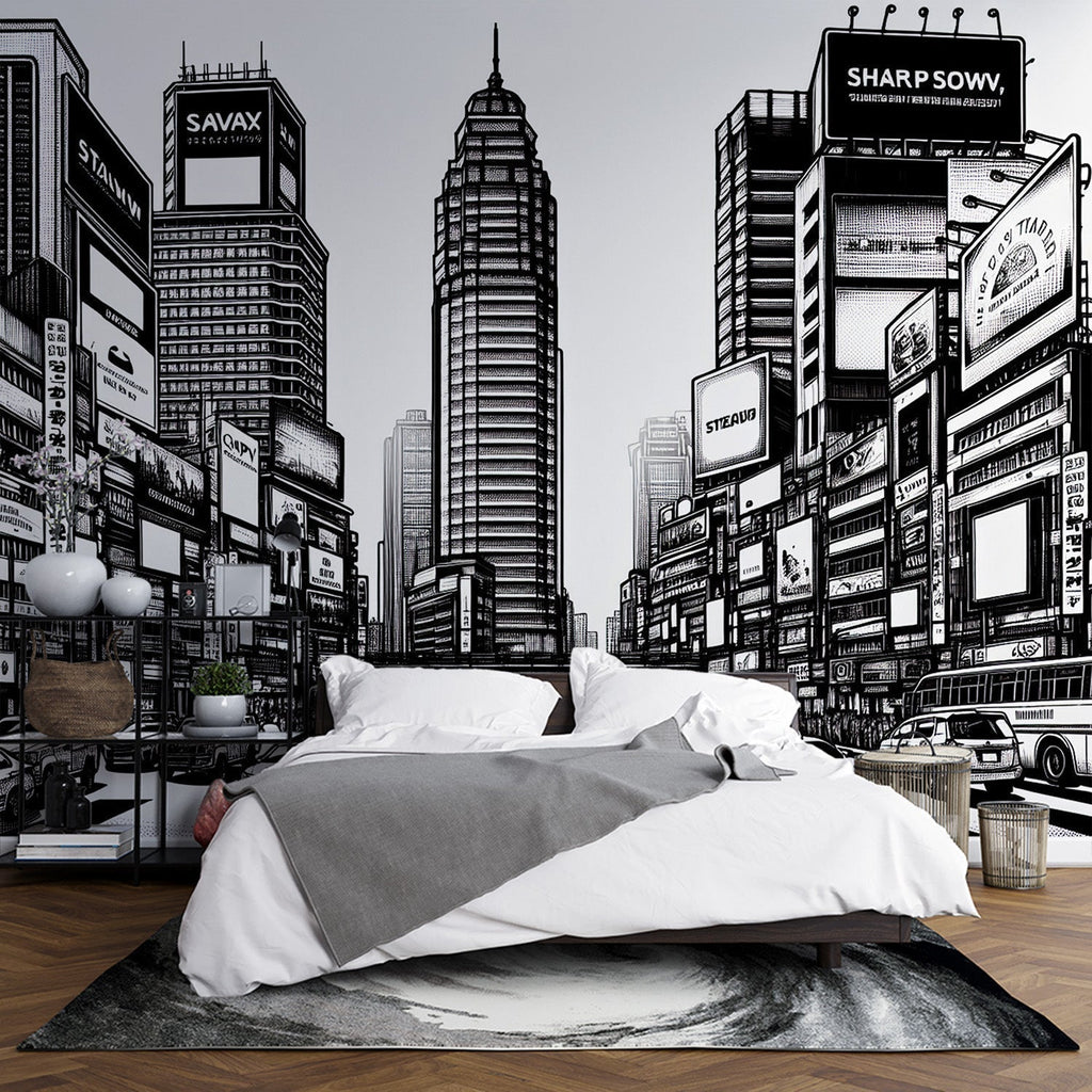 Black and white comic style city mural wallpaper in modern minimalist living room, creating dramatic urban atmosphere
