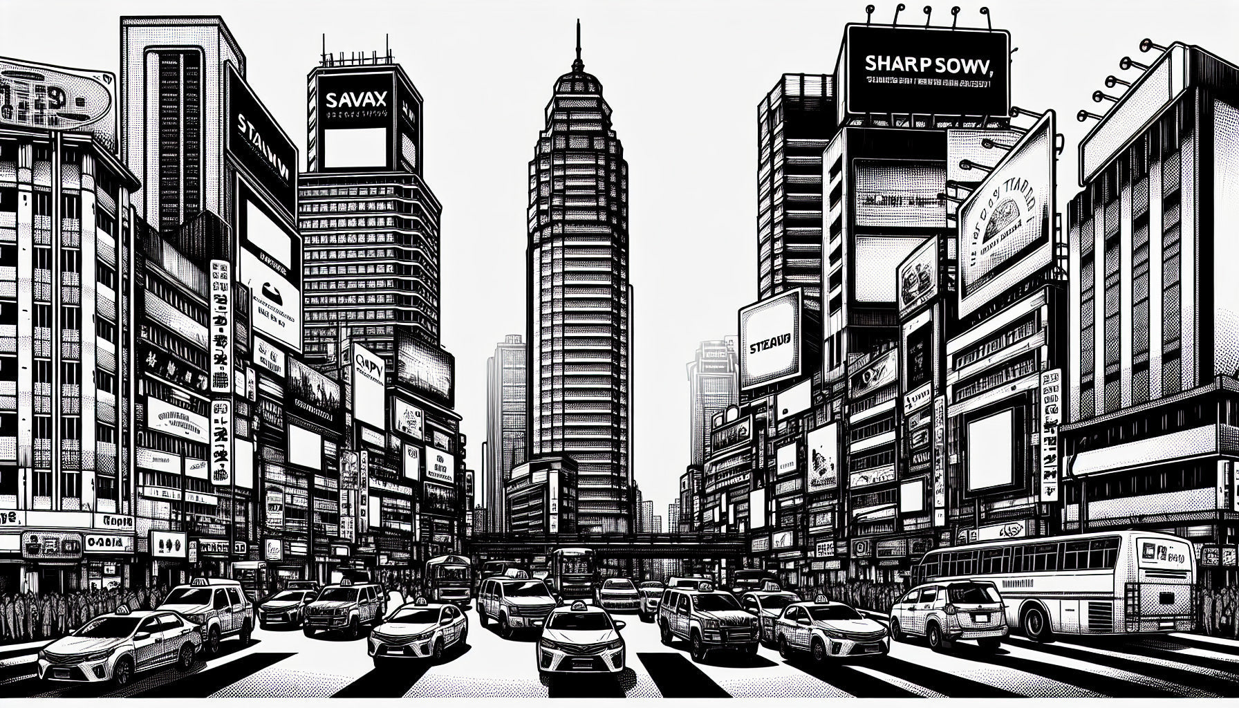 Urban comic style city wallpaper design file showing detailed black and white metropolitan pattern