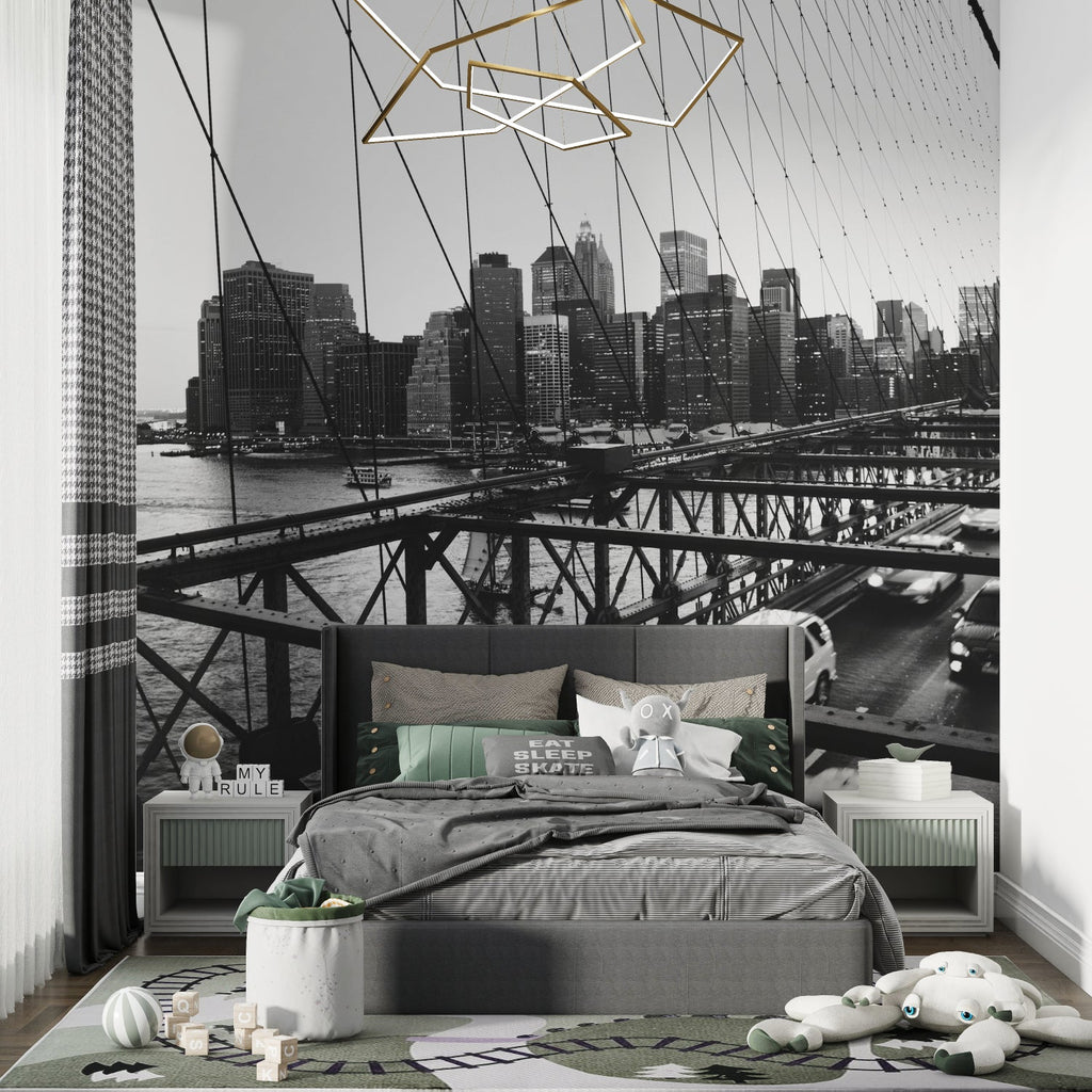 NYC bridge wallpaper creating focal point in modern bedroom setting