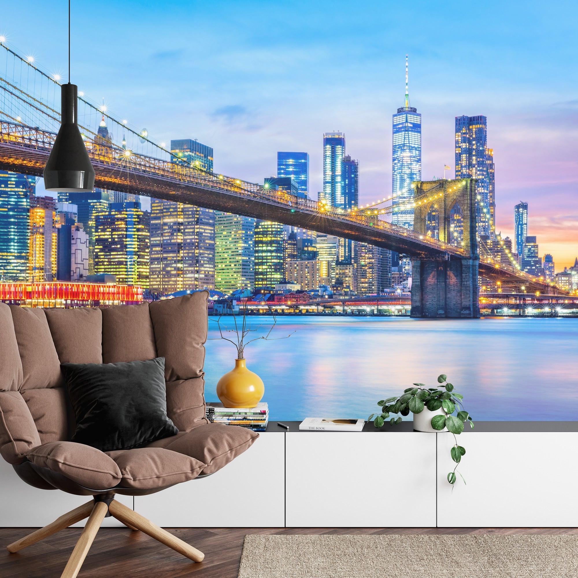 NYC night scene mural adding urban style to bedroom wall