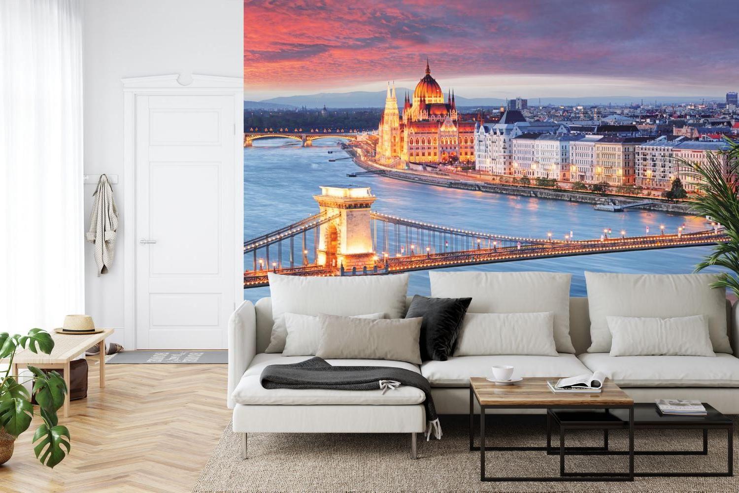 City wall mural of Budapest Parliament in cozy dining room setting