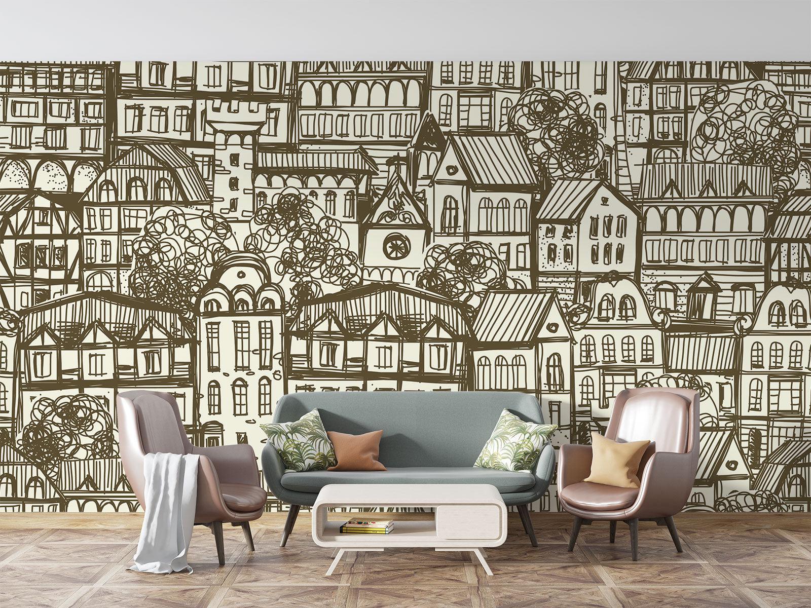 Urban sketch wallpaper mural in modern minimalist living room showing architectural details and brown-cream tones