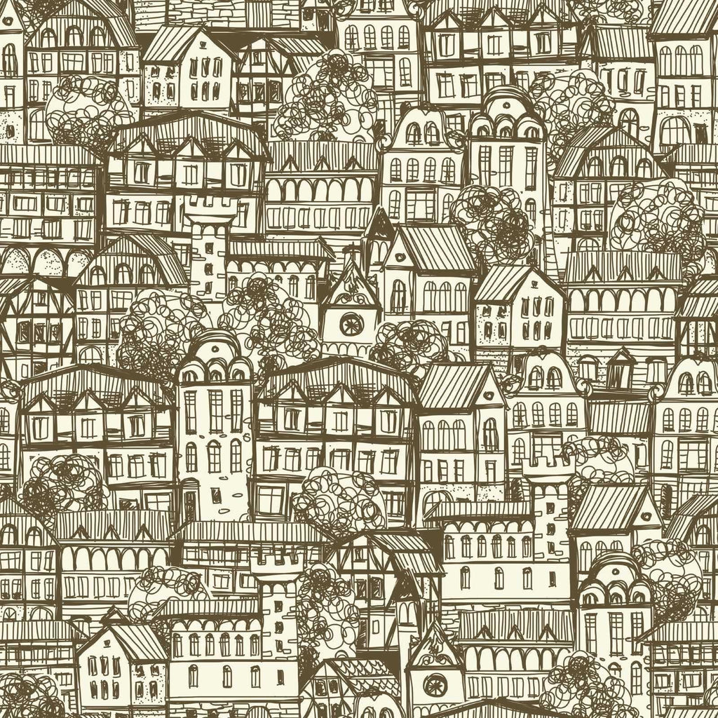 Hand-drawn urban sketch design file showing detailed Victorian buildings and architectural elements