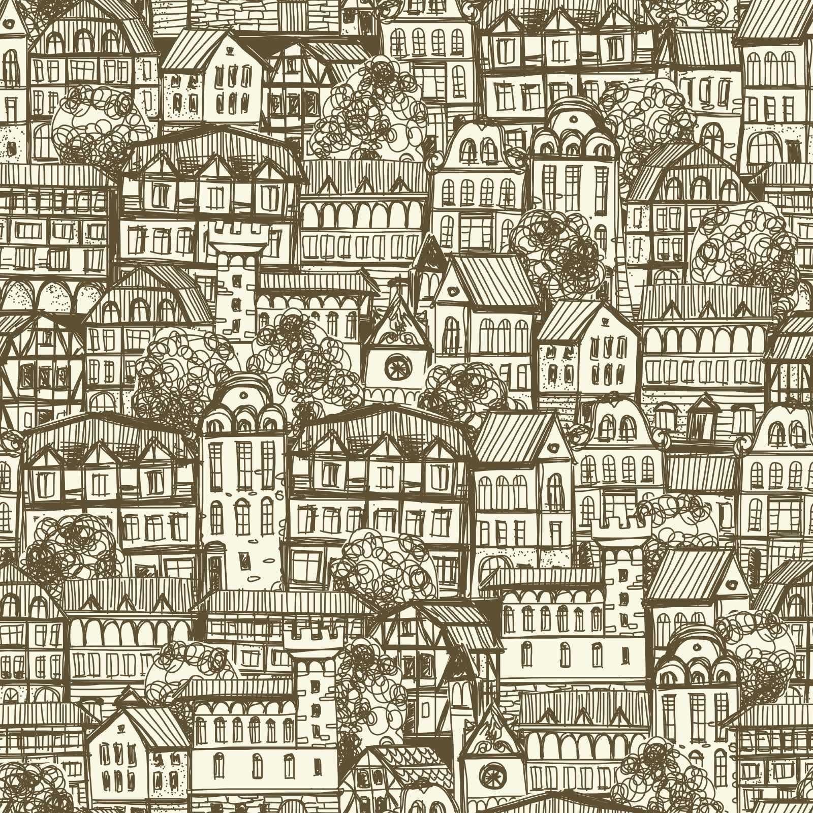 Hand-drawn urban sketch design file showing detailed Victorian buildings and architectural elements