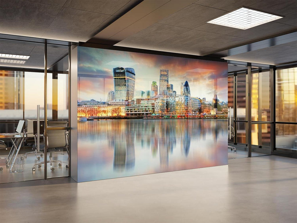 London skyline wallpaper mural styled in modern office space with glass desk and ergonomic chair
