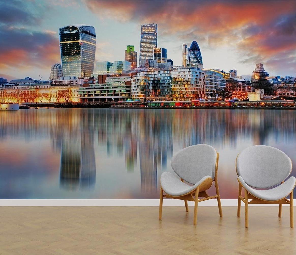 City mural wallpaper featuring London skyline in contemporary living room with grey sofa