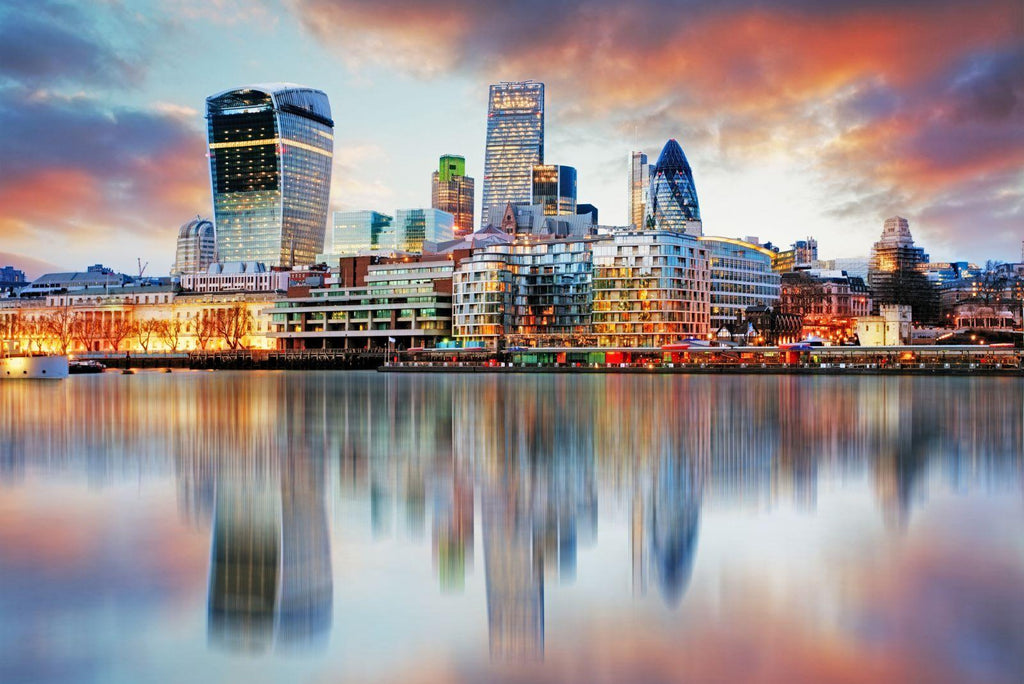 London skyline at sunset design file showing detailed architectural silhouettes and reflections