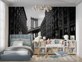 Manhattan Bridge black and white wallpaper in modern minimalist living room with grey sofa