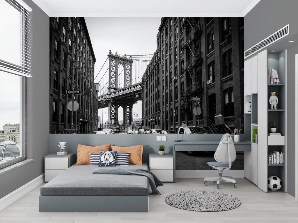 Black and white Manhattan Bridge mural in boutique hotel lobby