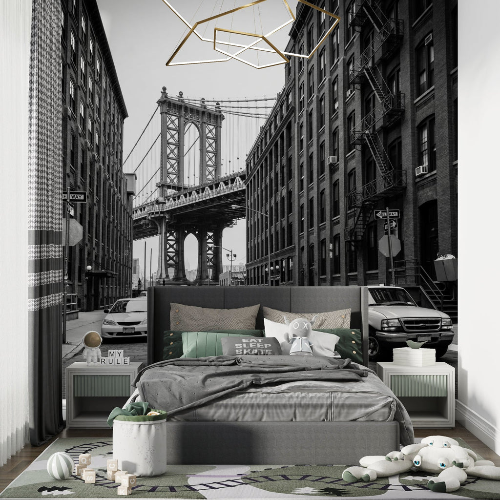 Urban landscape mural in stylish restaurant interior with exposed brick