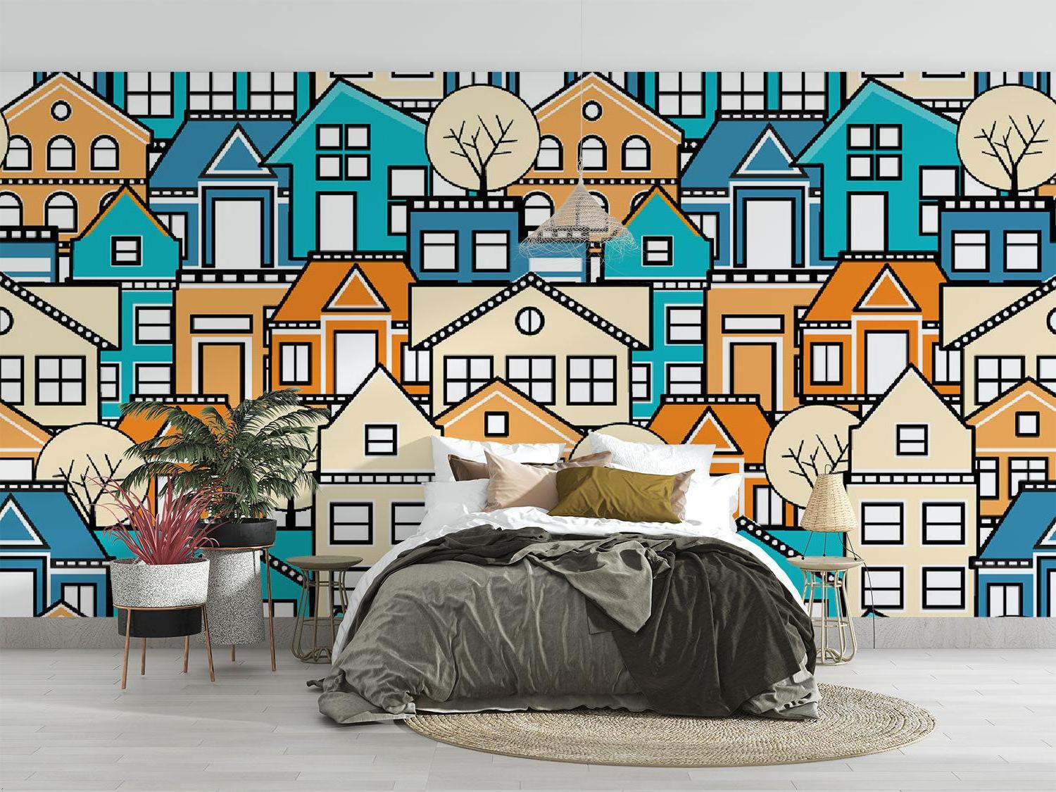 Geometric city wallpaper adding style to modern dining room