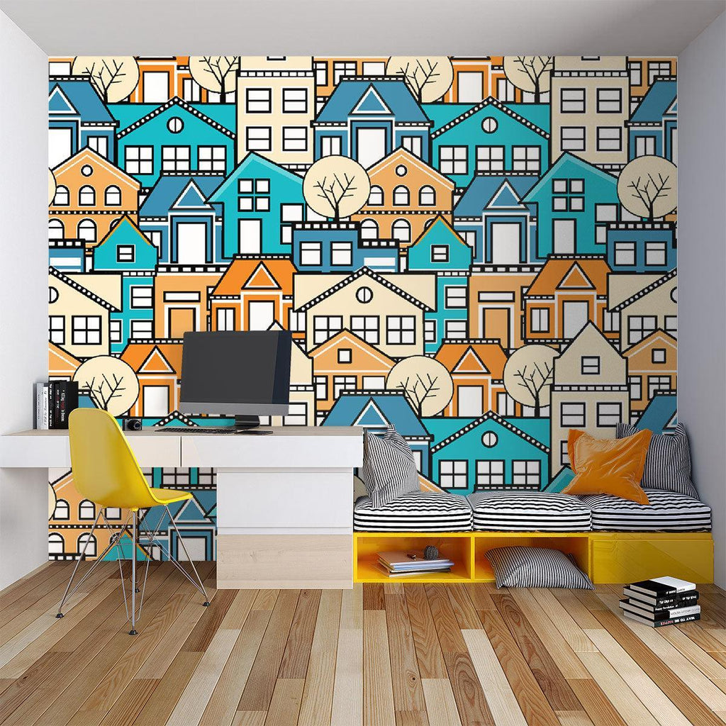 Contemporary house pattern mural in stylish bedroom setting