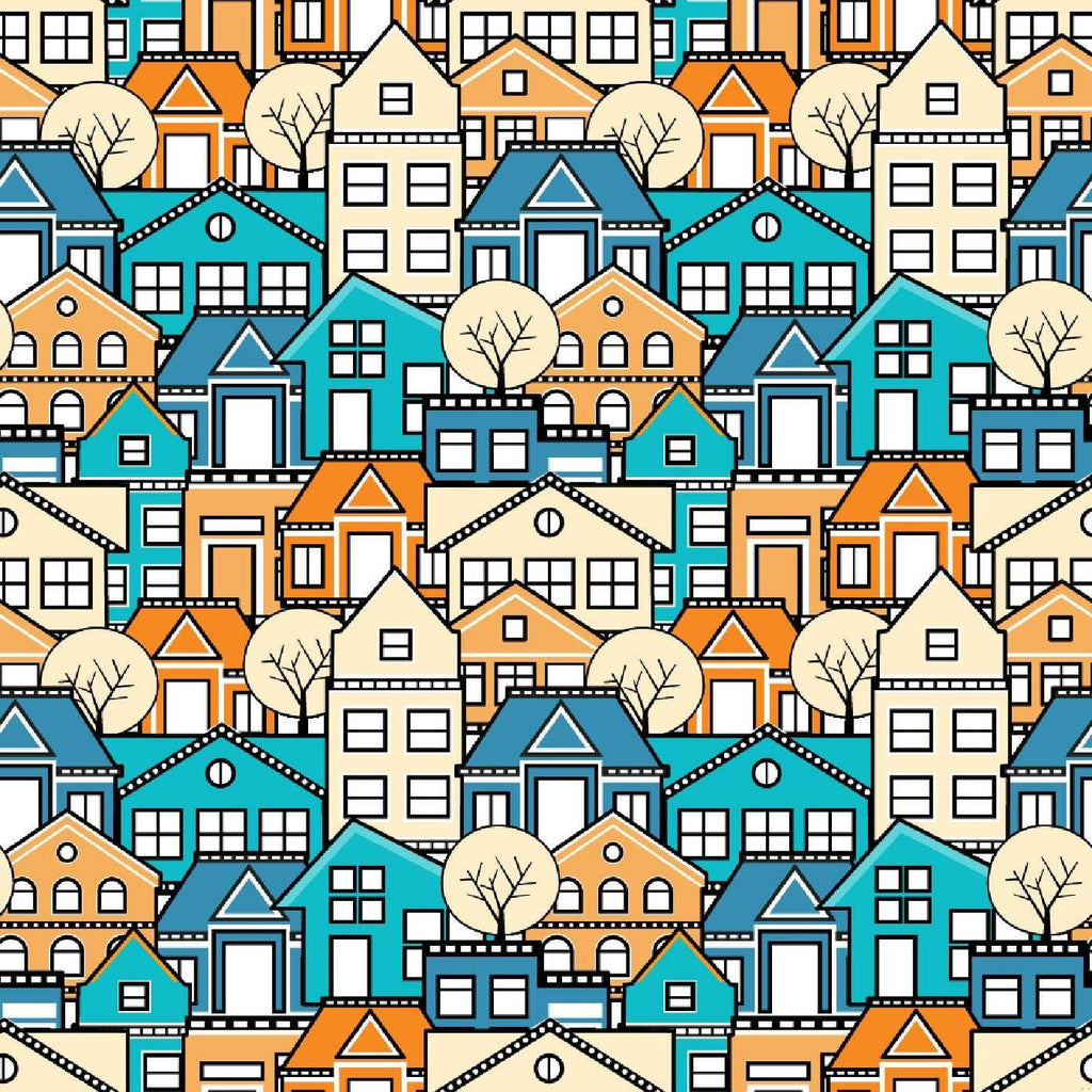 Modern geometric city pattern design file with turquoise and orange urban houses