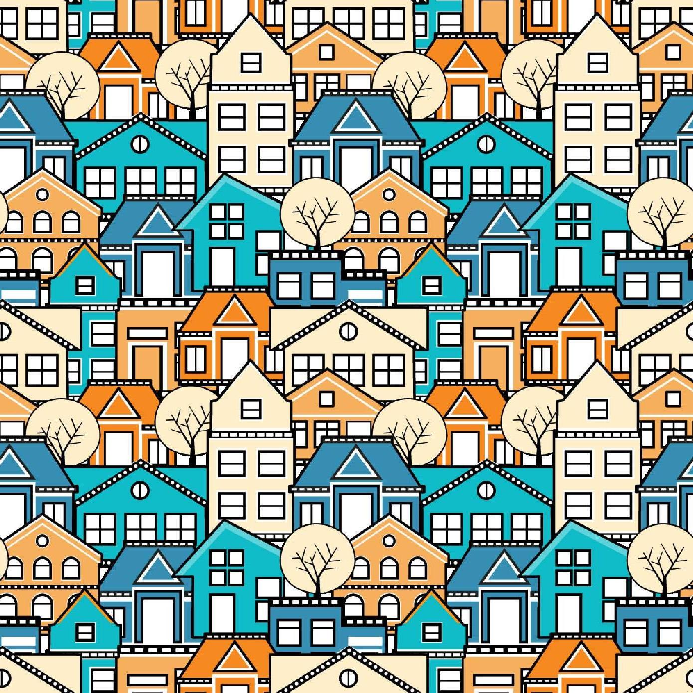 Modern geometric city pattern design file with turquoise and orange urban houses