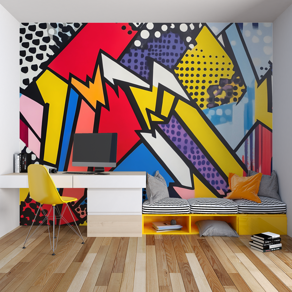 Urban wall mural in meeting room showing turquoise and orange skyline design