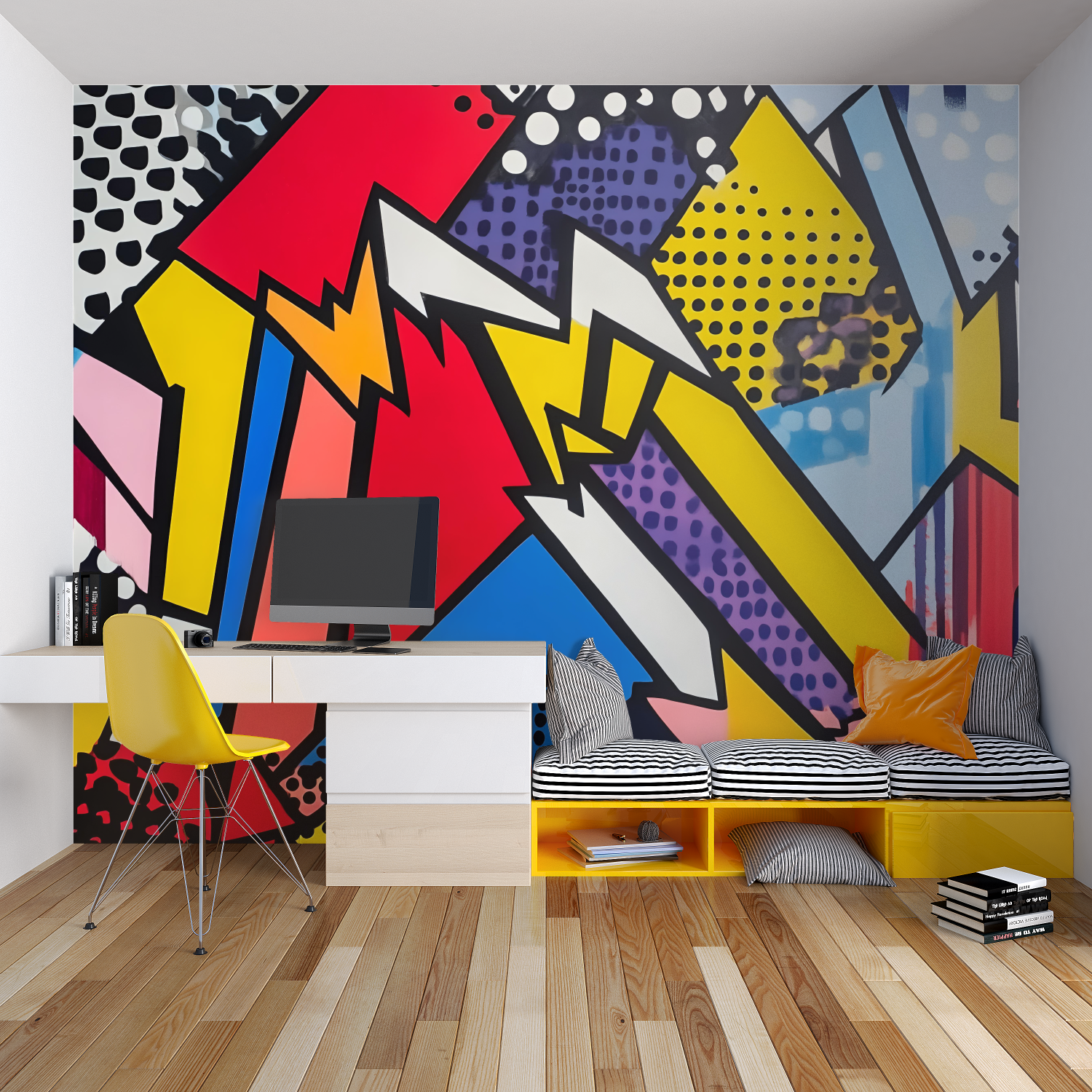 Urban wall mural in meeting room showing turquoise and orange skyline design