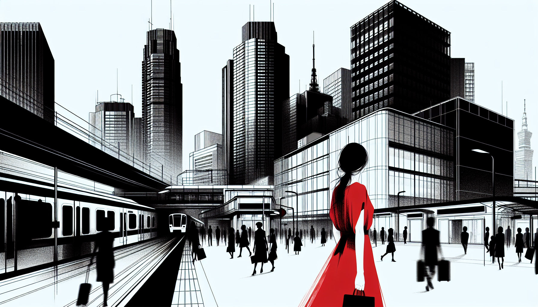 City Wallpaper design file showing detailed urban scene with striking red accent against monochrome background