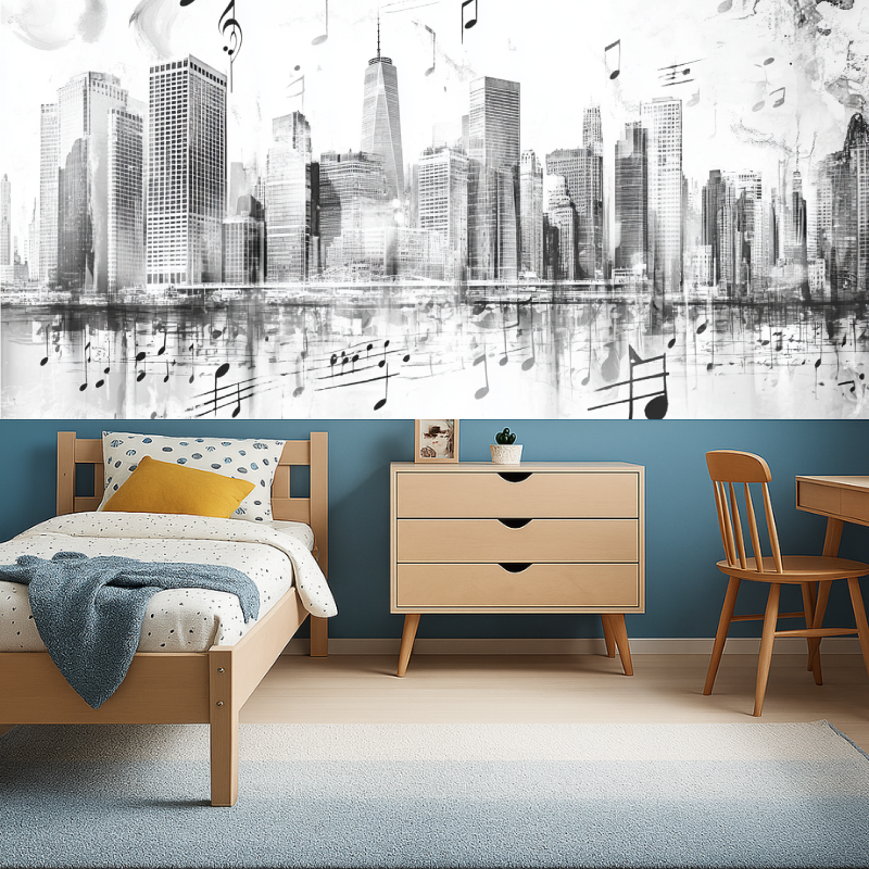 Musical skyline wallpaper bringing urban style to a contemporary music studio space