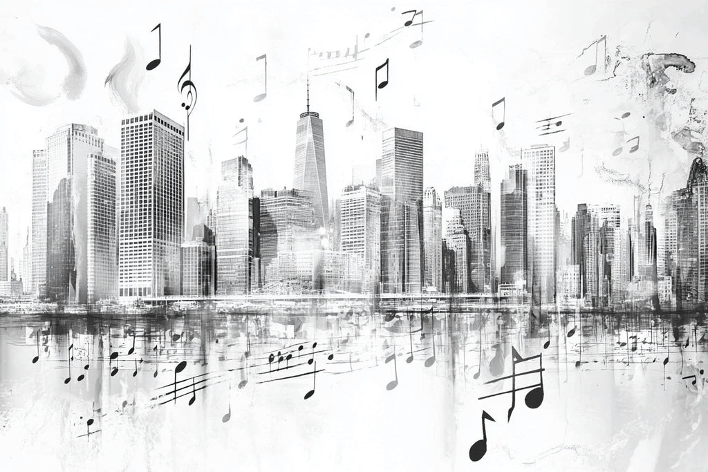 Design file showing detailed musical notes and city skyline pattern in black and white