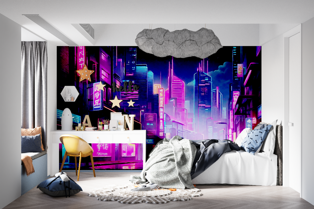 Night city mural creating cozy atmosphere in home office space
