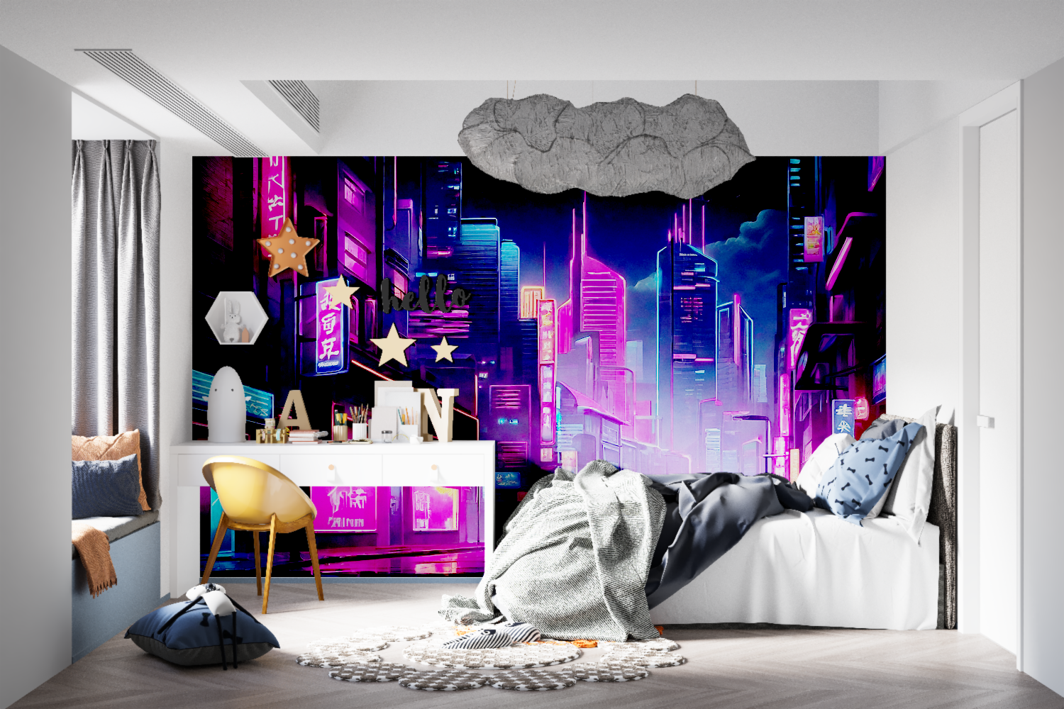 Night city mural creating cozy atmosphere in home office space