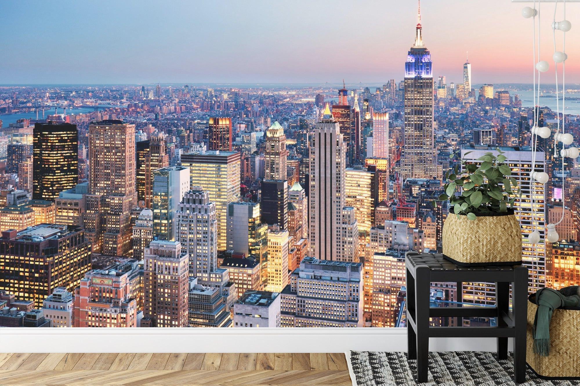 Manhattan sunset mural wallpaper transforms home office with panoramic city views