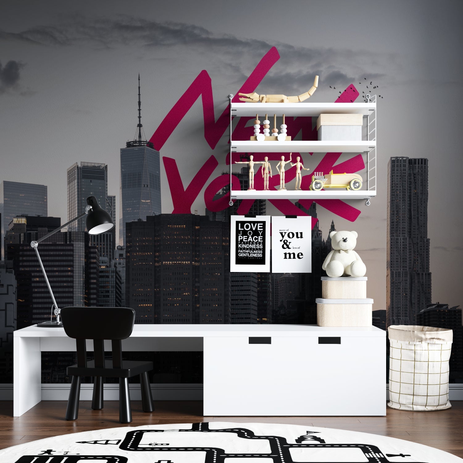New York skyline wallpaper with pink graffiti creating a bold statement in a modern living room