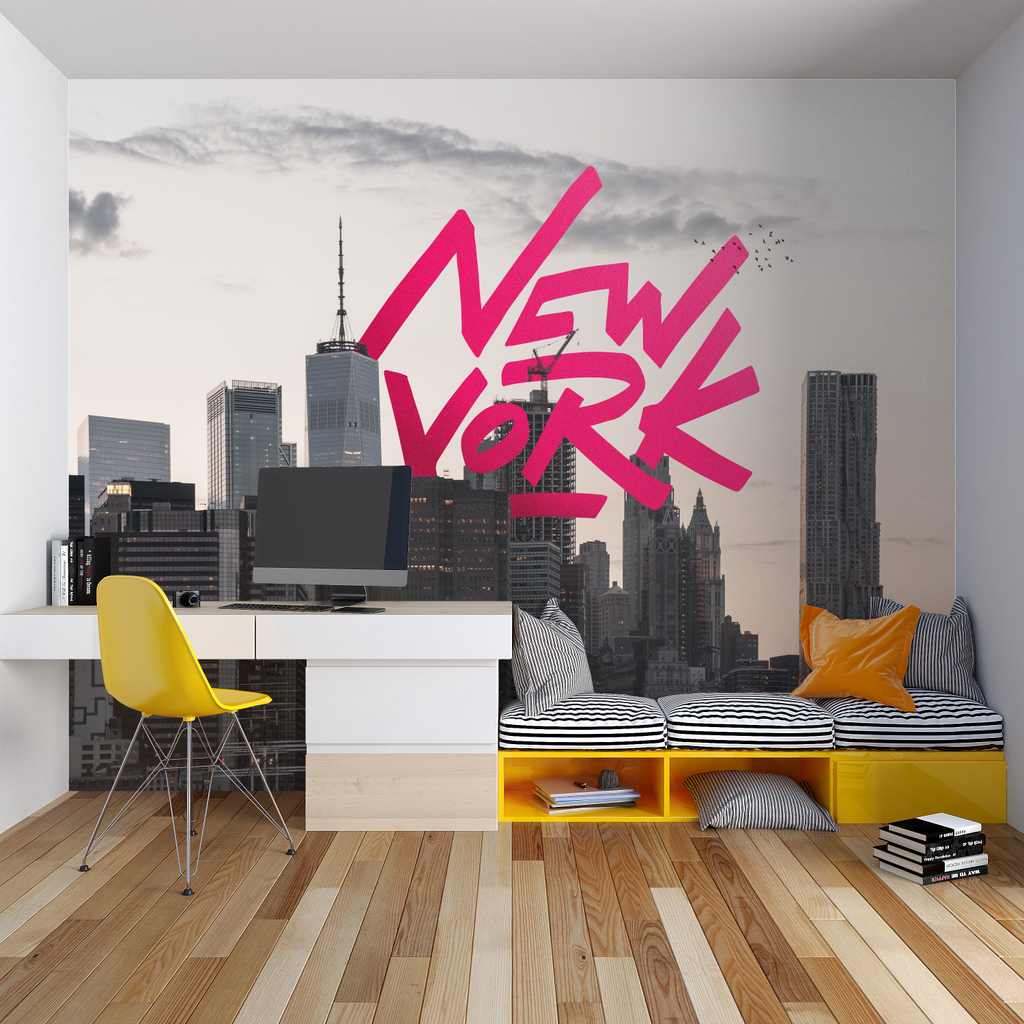Modern New York skyline mural creating depth in a studio apartment