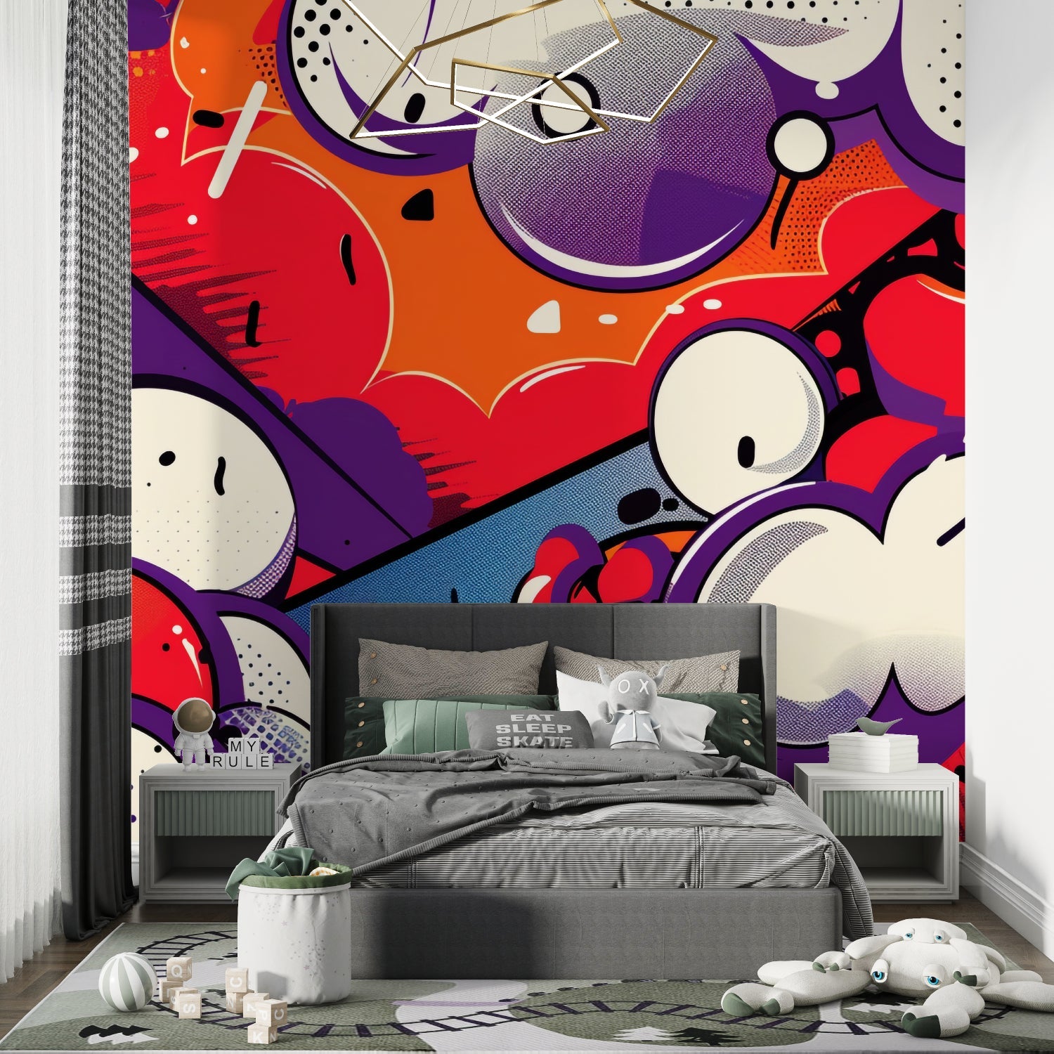 Sports car city mural creating bold impact in teen bedroom setup