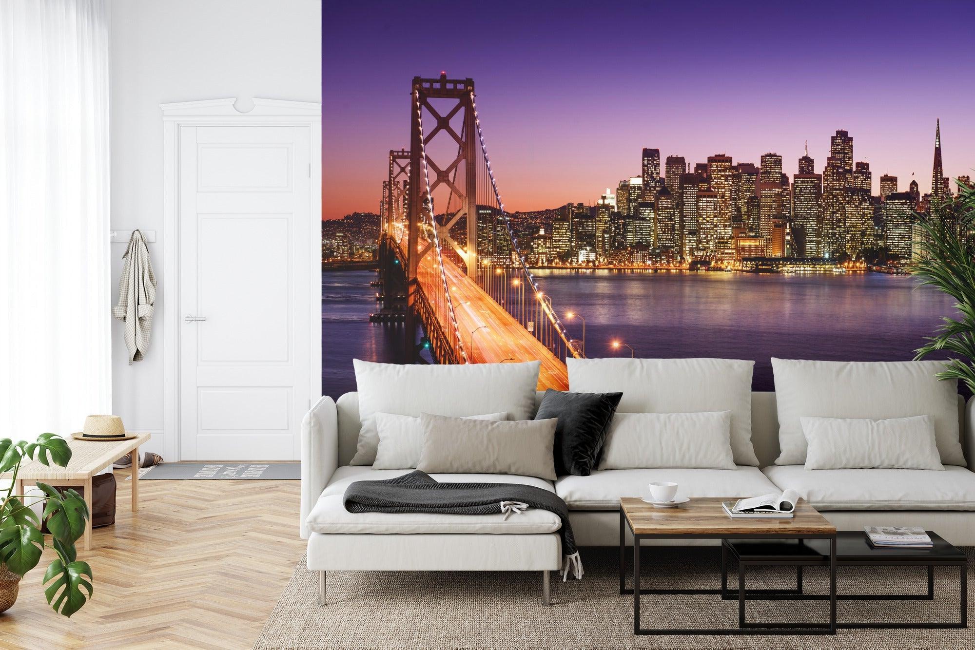 San Francisco Bridge wall mural creating depth in modern living room with warm sunset tones