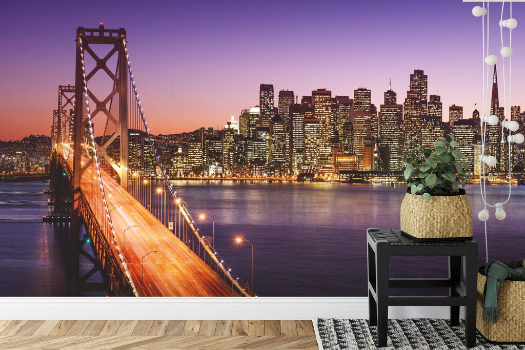 City wall mural with Golden Gate Bridge displayed in contemporary home office space