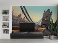 London Tower Bridge wallpaper mural styled in a modern living room, creating an urban focal point with warm sunset tones