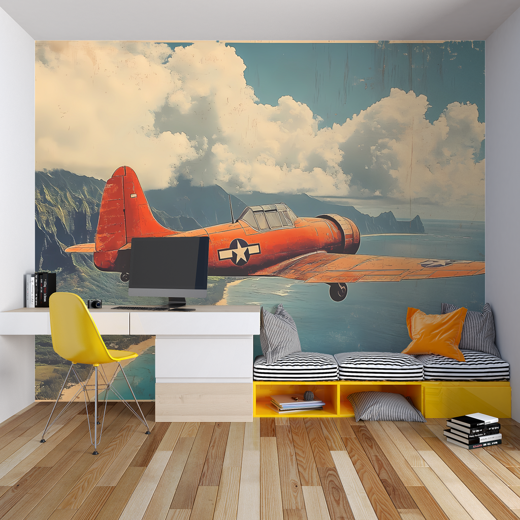 Urban Sunset Mural creating a bold statement in a contemporary home office