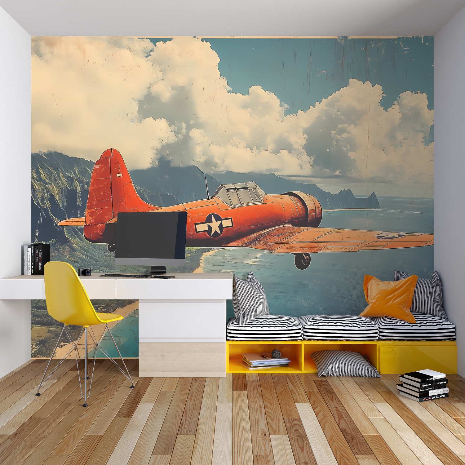 Urban Sunset Mural creating a bold statement in a contemporary home office