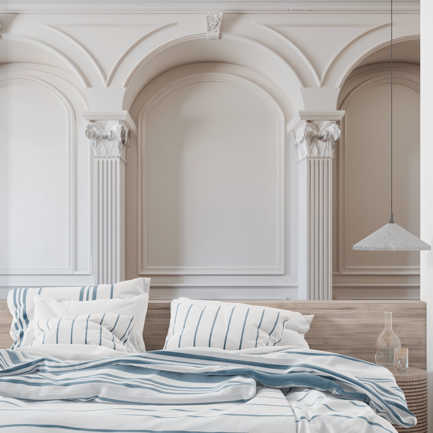 Classic arch mural wallpaper creating depth in a modern living room with white furniture and natural light