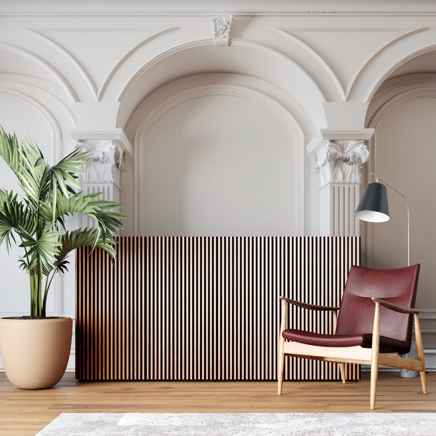 Architectural wallpaper with white columns in an elegant dining room setting