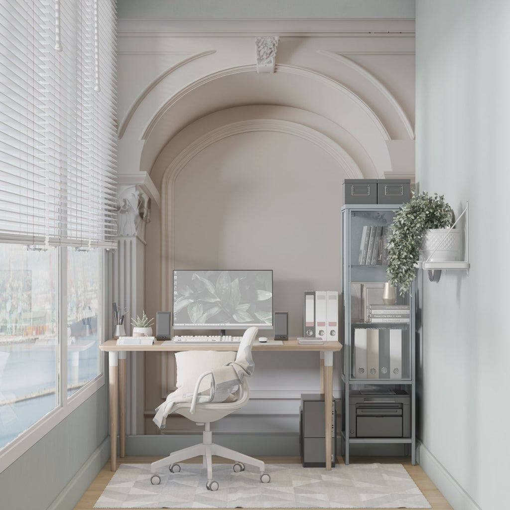 Architectural mural wallpaper bringing elegance to an entryway