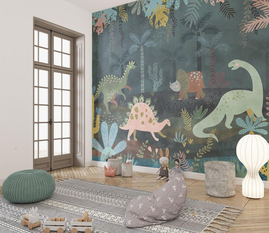 Dinosaur Mural Wallpaper | Jungle Adventure with Pastel Characters