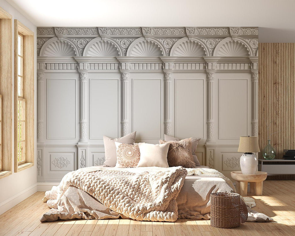 Elegant white molding wallpaper in a bright living room, showing architectural details and depth