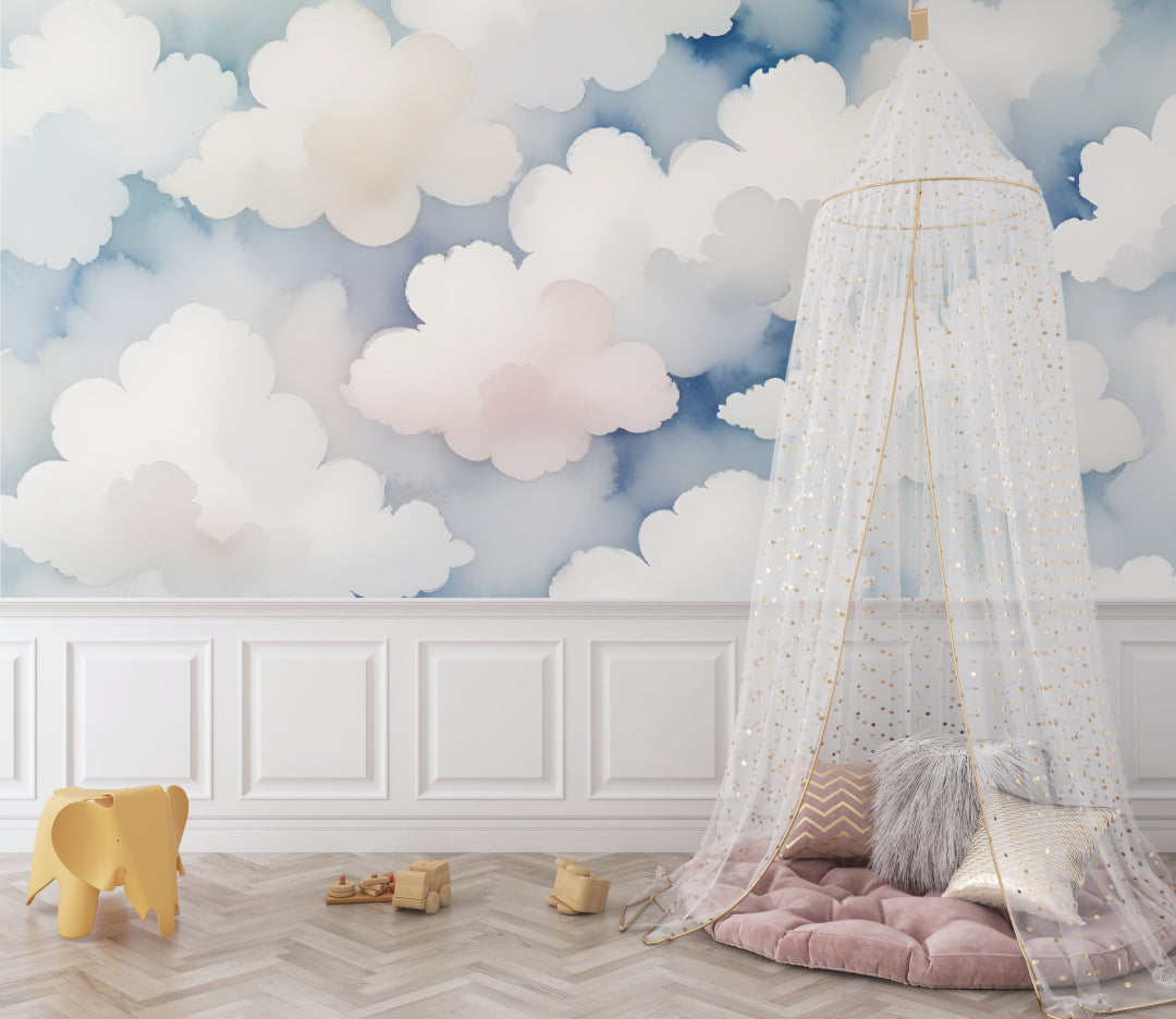 Pink and blue cloud mural enhancing a peaceful home office space