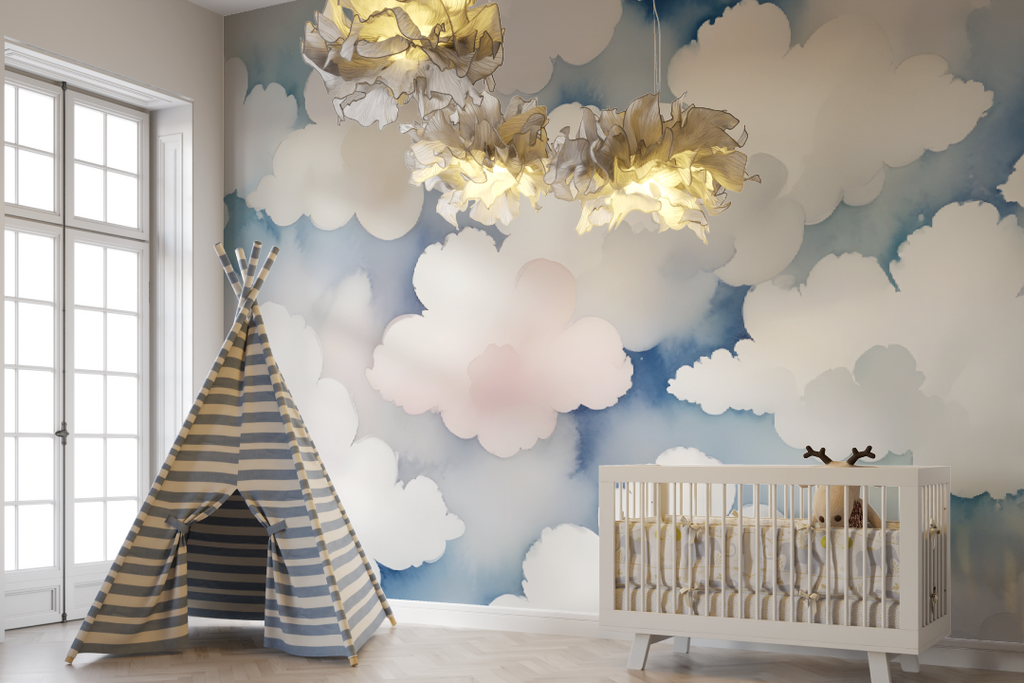 Cloud wall mural adding height to a cozy reading nook