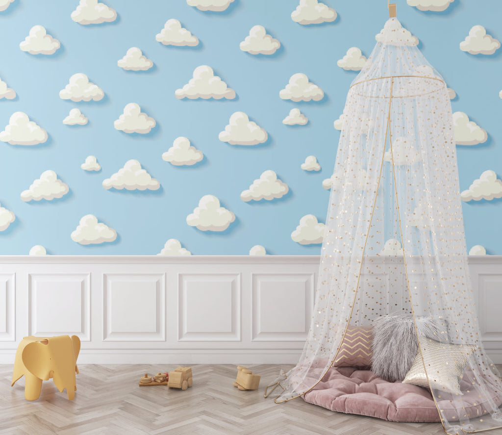 Blue sky wallpaper brightening a children's playroom with natural light