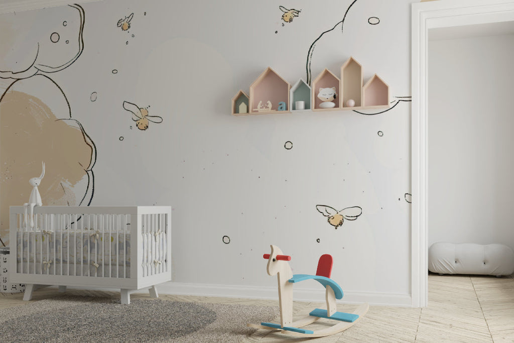 Children's bedroom featuring cloud and bee wallpaper with playful reading nook