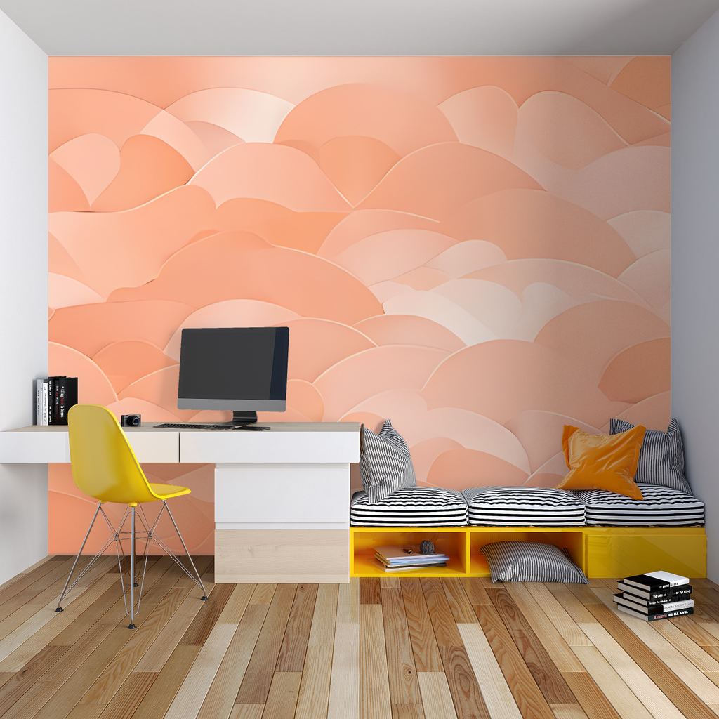 Soft coral cloud pattern mural wallpaper in a cozy bedroom setting