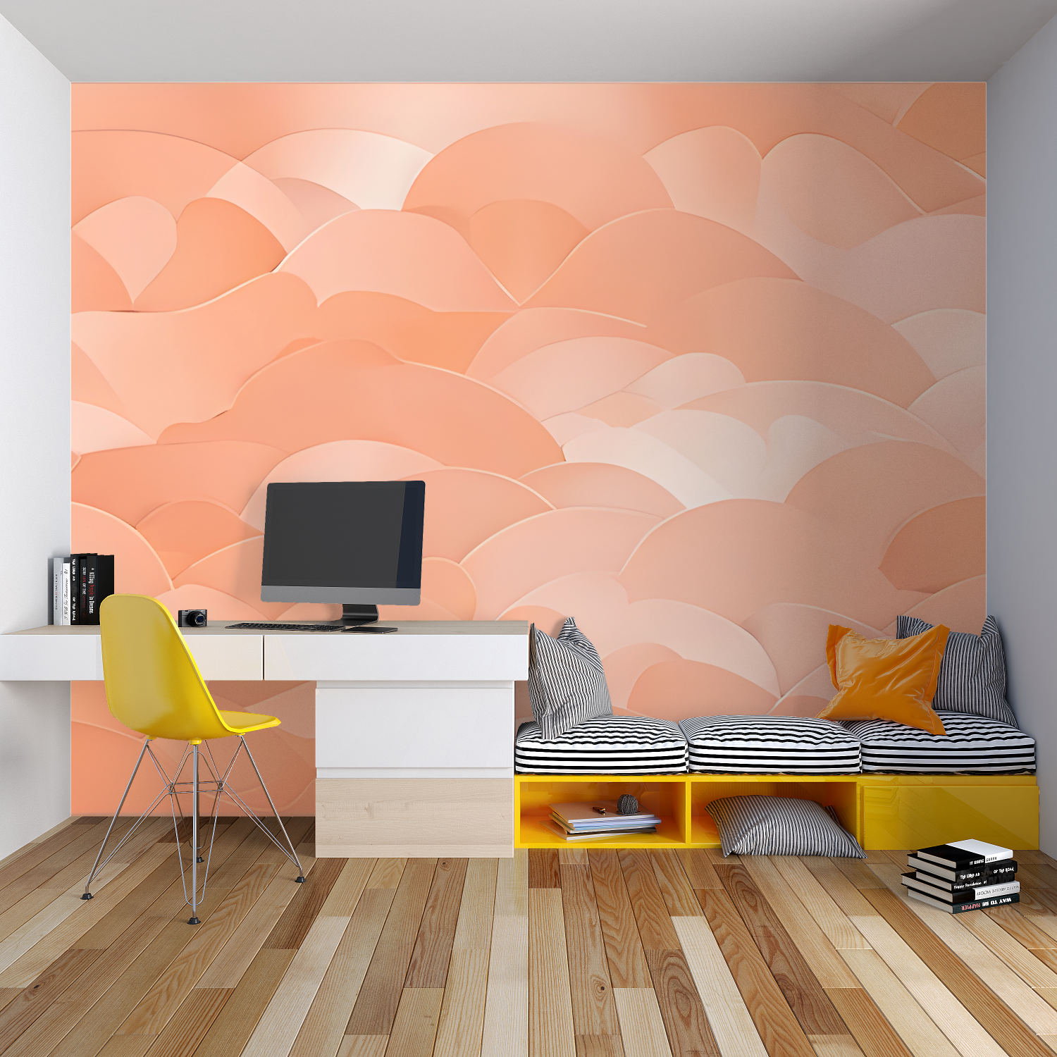 Soft coral cloud pattern mural wallpaper in a cozy bedroom setting