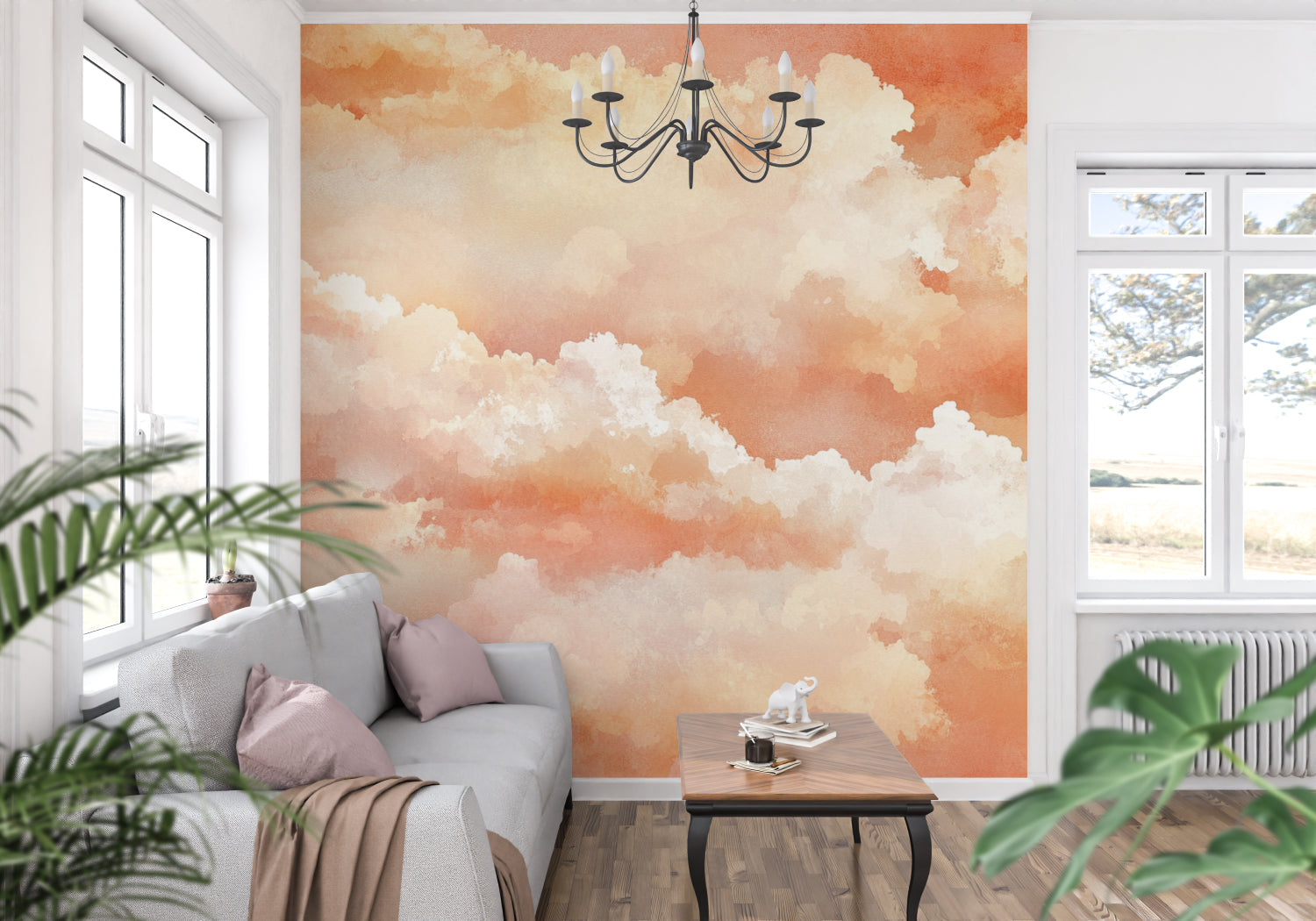 Cloud wall mural bringing warmth to a cozy reading nook