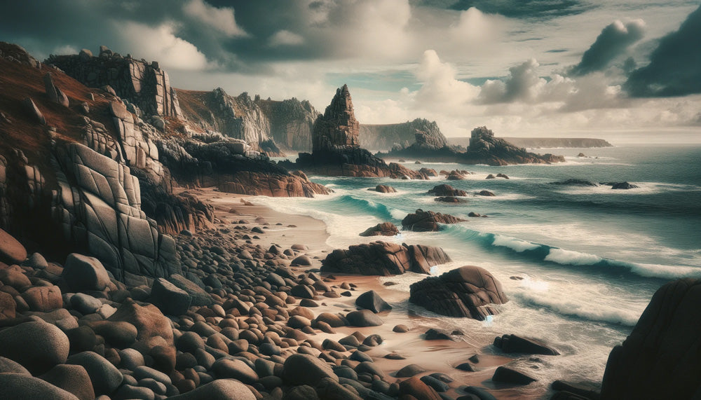 Rocky beach landscape wallpaper design file showing detailed cliffs and ocean waves pattern