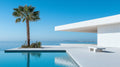 Mediterranean coastal wallpaper displayed in a bright modern living room, showing how the pool scene creates depth