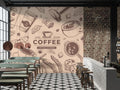 Coffee shop wallpaper creating a cozy atmosphere in modern kitchen space with morning light streaming through windows