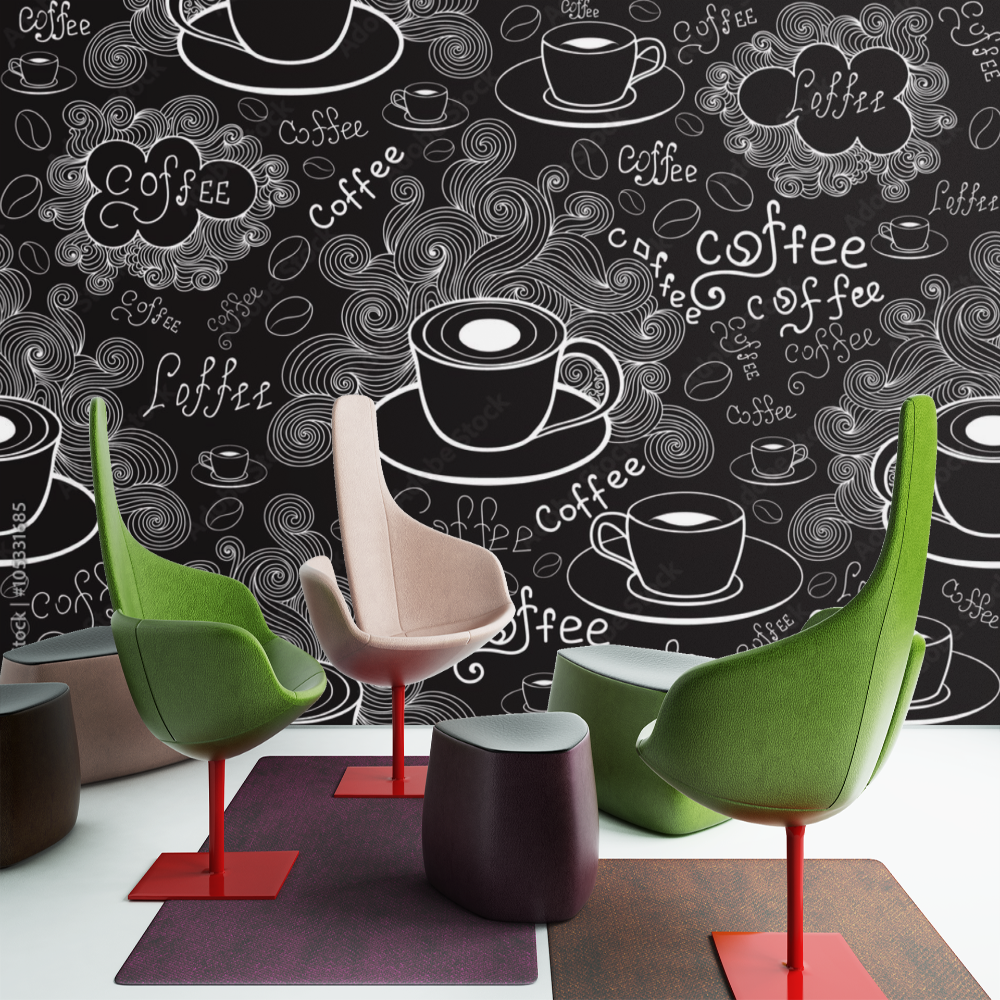 Coffee shop wallpaper mural shown in modern kitchen space, creating an inviting cafe atmosphere with black and white design